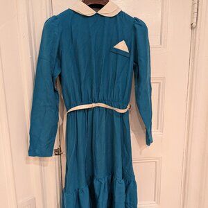 Women's Vintage White Belt Blue Dress Long Sleeves
